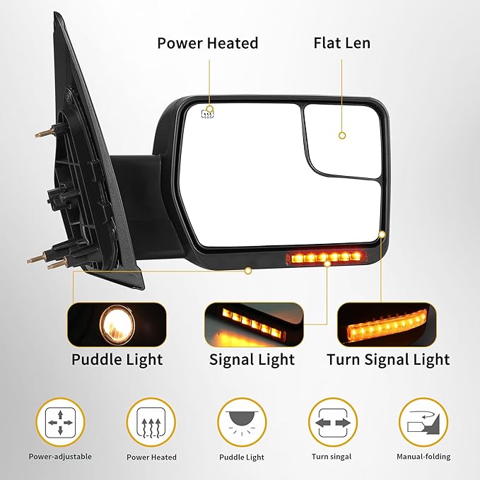 DWVO Tow Mirrors Compatible with 07-14 Ford F150 Power Heated Towing Mirror with Dual Turn Signal Light Puddle Light Black