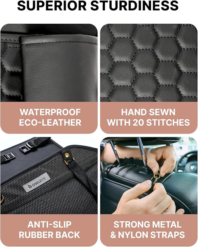 Owleys 2-in-1 Car Interior Set - Brown Eco Leather Seat Protector with Kick Guard + Kids Back Organizer with Tablet Pocket - Family Travel Gift