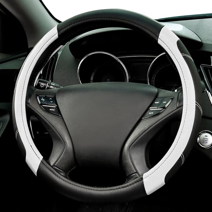 CAR PASS Line Rider Microfiber Leather Sporty Steering Wheel Cover Universal Fits for 95% Truck,SUV,Cars,14.5-15inch Anti-Slip Safety Comfortable Desgin (Black-White)