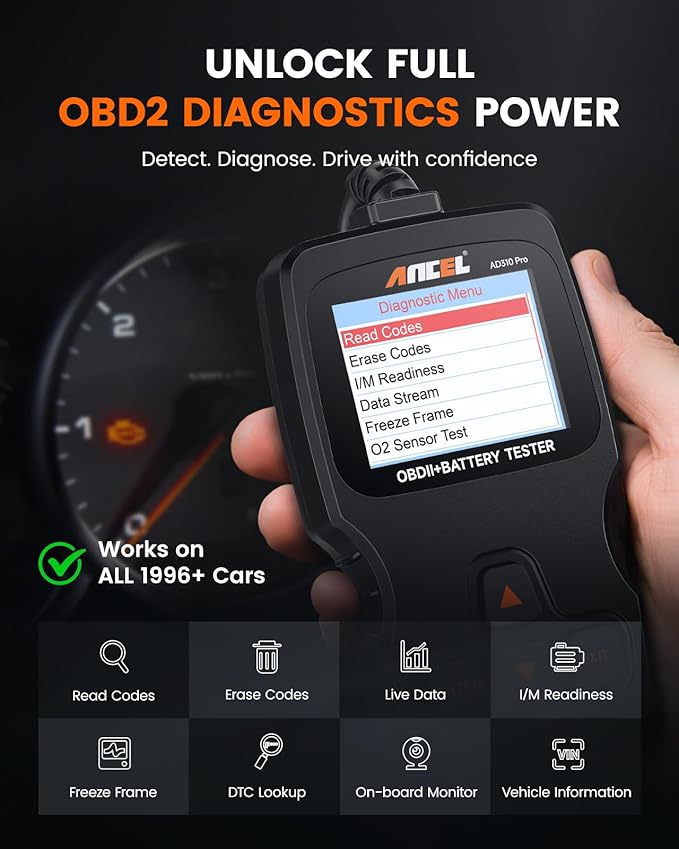 ANCEL AD310 Pro 2-in-1 OBD2 Scanner & Car Battery Tester, Bluetooth Diagnostic Tool with User-Friendly APP for iPhone Android, Check Engine Light Code Reader, Battery Health Monitor for All Cars