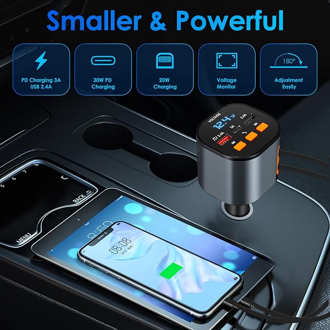 Retractable Car Charger,5 in 1 Fast Cars Phone Charger 90W,Bluetooth 5.3 FM Transmitter Adapter,Handsfree Call,2 Retractable Cables and USB Chargers for iPhone17/16 15/14/13