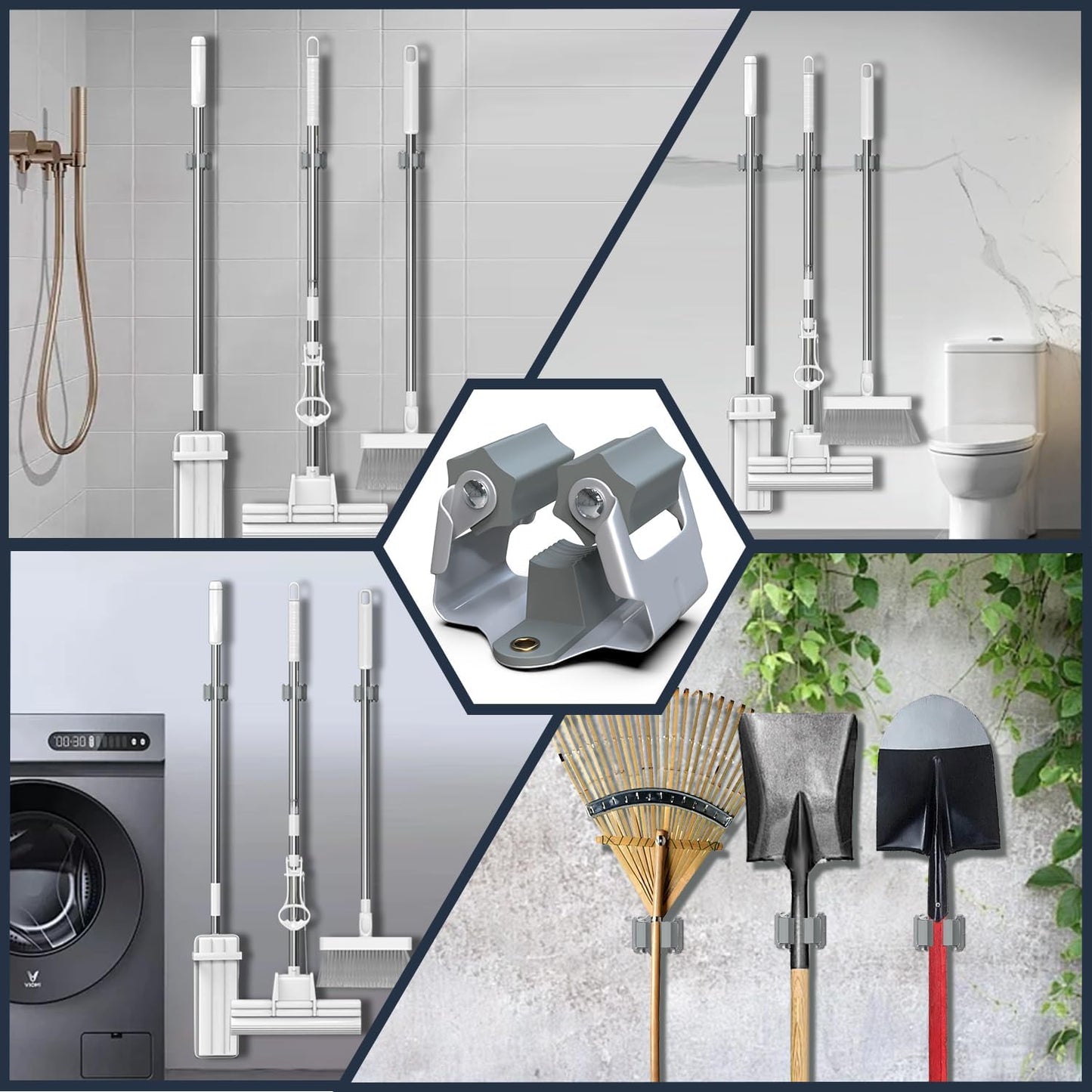 3-H 4 Pack Mop and Broom Holder Big Size Hanging 1 KG Extra,Broom Hanger Wall Mount for Hanging and Organizing Shove Rake Yard Tools in Shed Kitchen Laundry Room Bathroom Garden(grey)