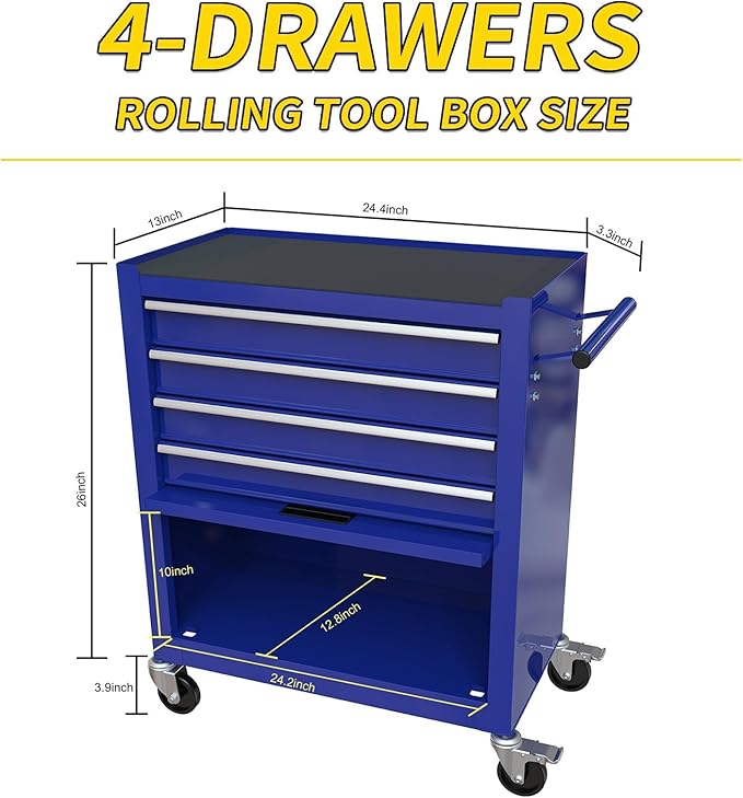 233PCS 4 Drawers Rolling Tool Box with Tool Sets, Heavy Duty Steel Garage Storage Cabinet with Lockable Wheels, Mechanic Organizer for Home, Auto, Workshop, Warehouse, Blue