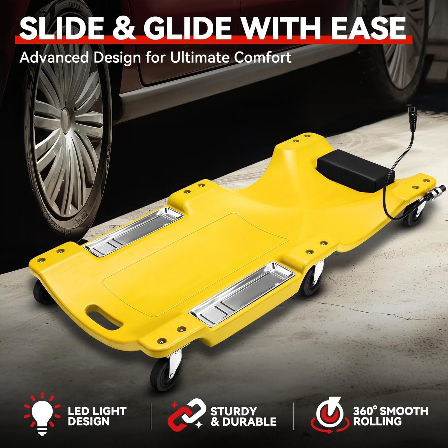 Auto Dynasty 40 Inches Mechanic Creeper, Automotive Garage Repair Low Profile Under Car Rolling Creeper with LED Light and Padded Headrest, Plastic, Yellow