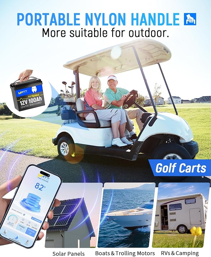 12V 100Ah LiFePO4 Lithium Battery with Bluetooth, BCI Group 24, 12V Mini Batterys 100A Smart BMS, Support Monitoring Battery via Phone Bluetooth, Up to 15000 Cycles for Trailer RV, Motor Home, Marine