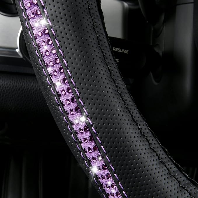 CAR PASS Bling Diamond Black Leather Steering Wheel Cover, Studded Crystal Rhinestones Universal Fit 14" 1/2-15" Glitter for Women Sparkle Girl Fit Suvs,Vans,Sedans,Car,Trucks, Purple Diamond