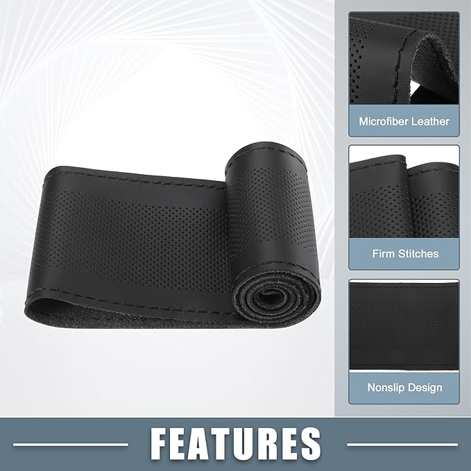 Car Hand Sewn DIY Steering Wheel Cover Breathable Comfortable 32-35cm Stitch on Wrap Cover Microfiber Leather Black Stitches