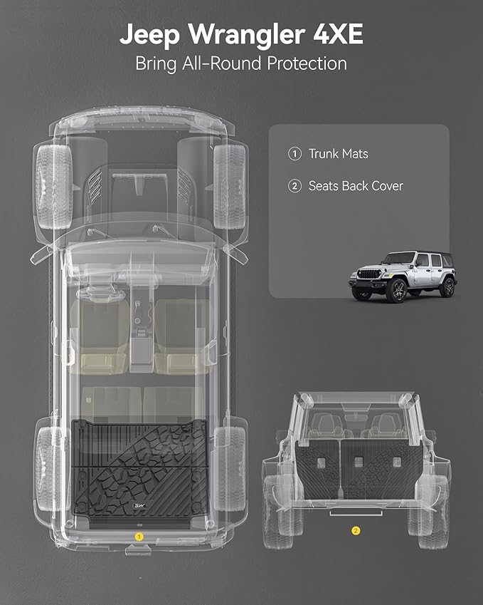3W Backrest Liner & Cargo Liner for Jeep Wrangler 4XE 2021-2024 2025 (Non JL/JK), All Weather TPE Rubber Heavy Duty Car Liner Trunk Mat Wrangler 4XE Accessories (Hybrid & 4 Door with Subwoofer)