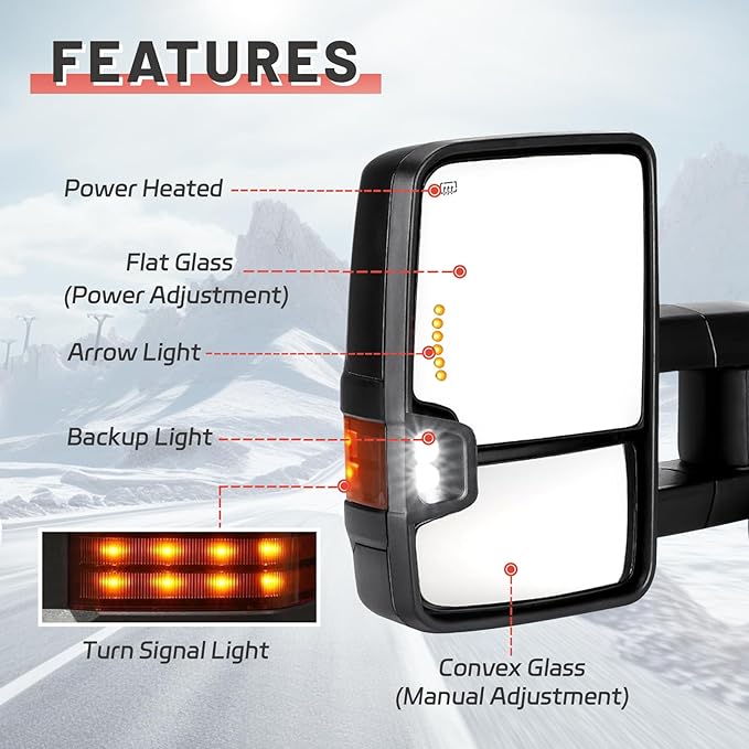 Towing Mirrors Compatible for 2014-2018 Silverado/Sierra 1500, 2015-2018 Silverado/Sierrs 2500 HD 3500 HD,Black Power Heated LED Arrow Light Amber Turn Signal Clearance Lamp Pair Set