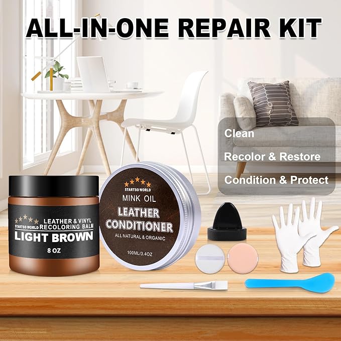 STARTSO WORLD Mink Oil Leather Conditioner & Repair Kit - Light Brown Leather Dye for Couches, Sofas, Shoes & Vinyl