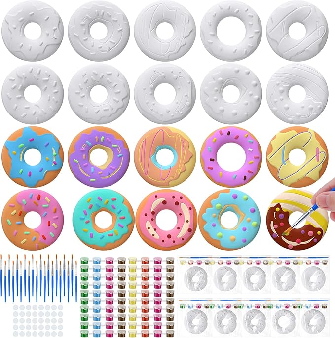Simgoing 20 Set Dinosaur Unicorn Mermaid Donut Jungle Animal DIY Painting Kit Pumpkin Snowman Ceramic Paint Your Own Figurines Unpainted Plaster Craft for Party Favor(Donut)