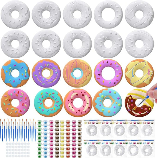 Simgoing 20 Set Dinosaur Unicorn Mermaid Donut Jungle Animal DIY Painting Kit Pumpkin Snowman Ceramic Paint Your Own Figurines Unpainted Plaster Craft for Party Favor(Donut)