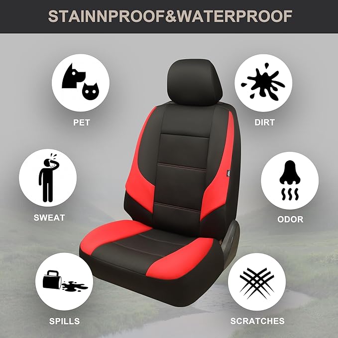 GIANT PANDA Neoprene Front Car Seat Covers, Leak-Proof & Waterproof Car Seat Protector Fit 95% Cars Trucks Sendans Jeep Van SUV Pickup（Red+Black） 2PCS