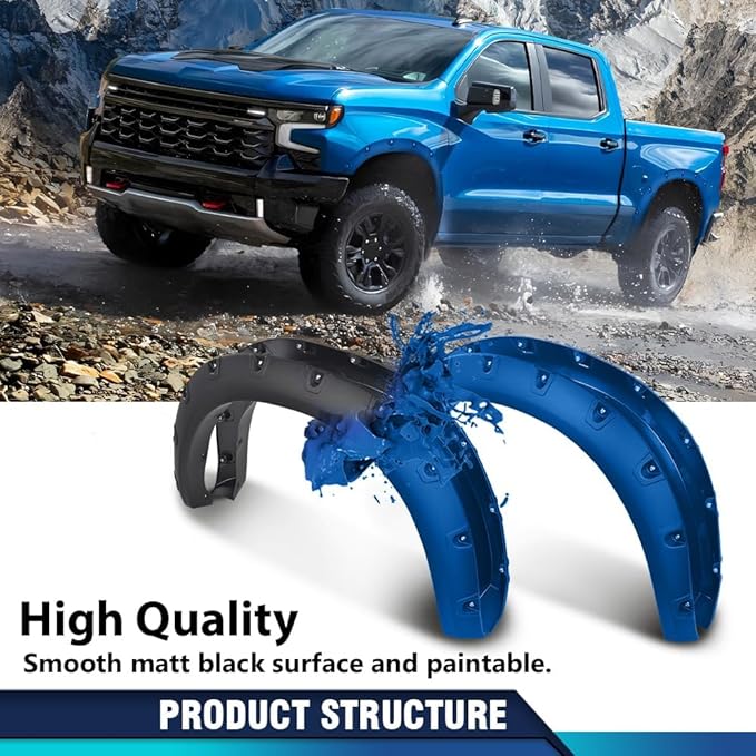 PIT66 Fender Flares Kit with Mounting Instruction and Hardware Compatible with Dodge Ram 2500 3500 2019-2024 (Not Fit Dually models) Smooth Pocket Riveted 4pcs Wheel Cover