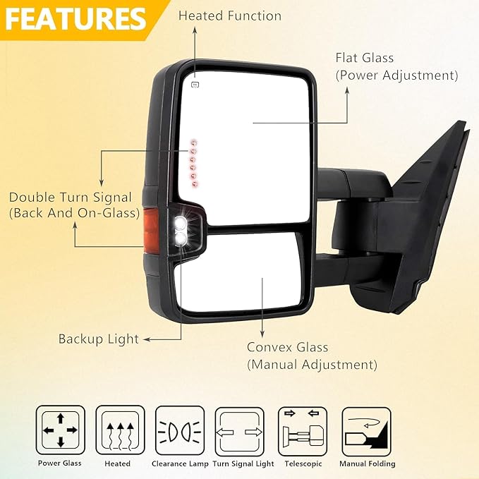 Towing Mirrors for 2003-2006 Chevy Silverado GMC Sierra 1500 2500 HD 3500(2007 Silverado/Sierra 1500 2500 HD 3500 Classic) Power Heated Arrow Light Amber Turn Signal Clearance Lamp Pair