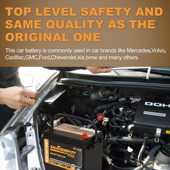 BCI Group 24F Car Battery, 12V 70Ah Automotive Battery Premium Maintenance Free AGM Batteries, 710CCA, 120RC, 36 Months Warranty