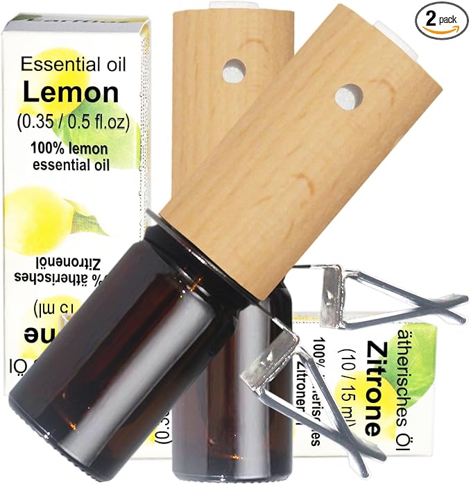 2-set Refillable Lemon Car Scent 60 Days’ Odor Fighting Non-toxic Strong Natural Fragrance, Vent Clip Wood Diffuser & Pure Essential Oils Auto Air Freshener (2x Beech Diffuser + 2x10ml Oil)