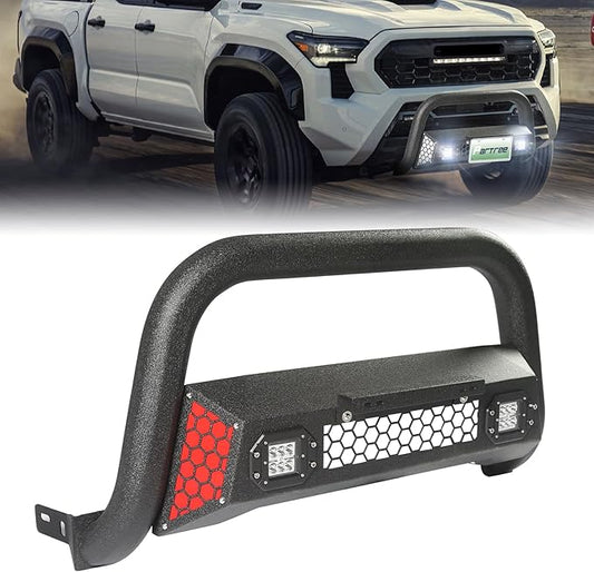 Bull Bar Fit for Toyota Tacoma 2024 2025 with LED Light & w/License Plate Bracket DIY Paintable Front Bumper Brush Push Bar Grille Guard Protector