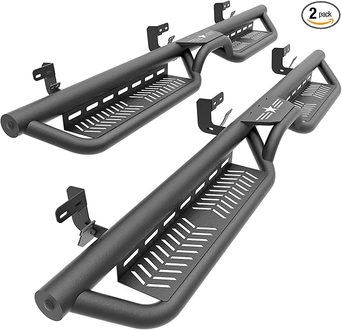 Crew Cab Running Boards Side Steps Compatible for 2009-2018 Dodge Ram 1500, 2019-2024 1500 Classic, 2010-2024 Dodge Ram 2500 & 3500 CrewCab, Bolt-on Nerf Bar, Two Stairs Design-Star Logo