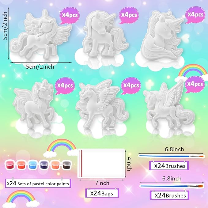 24 Set Unicorn DIY Painting Kit Ceramic to Paint Your Own Unicorn Statues Unpainted Plaster Figurines with Brushes Acrylic Bags Arts and Crafts Kits Party Favor for Adults