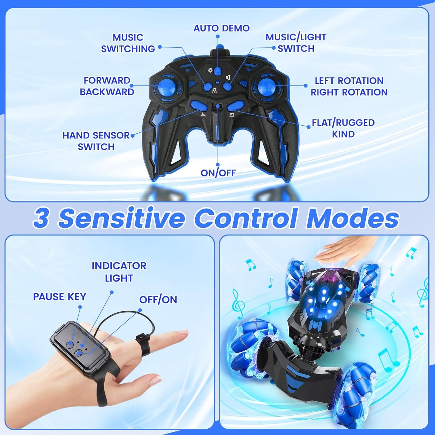 Gesture Sensing RC Stunt Car,4WD Drift Hand Controlled 360° Flips Trick Car with Lights & Music, Toys car is Cool Birthday Gift for Kids Ages 7-12