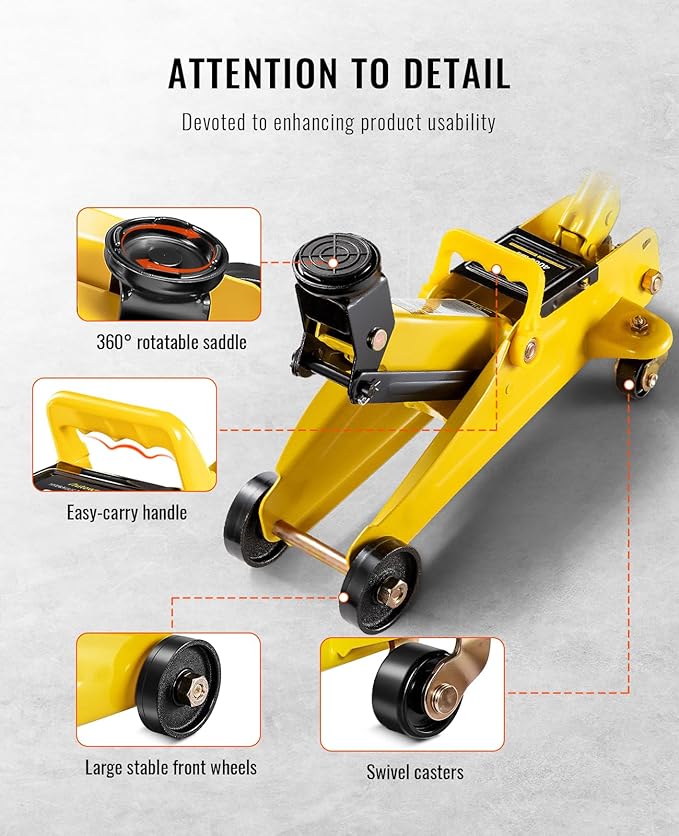 2 Ton (4000 lbs) Low Profile Hydraulic Trolley Floor Jack Kits with Solid Storage Case and Rubber Pad, Portable Car Floor Jack with Lifting Range 4.9"-11.8", for Auto, Yellow