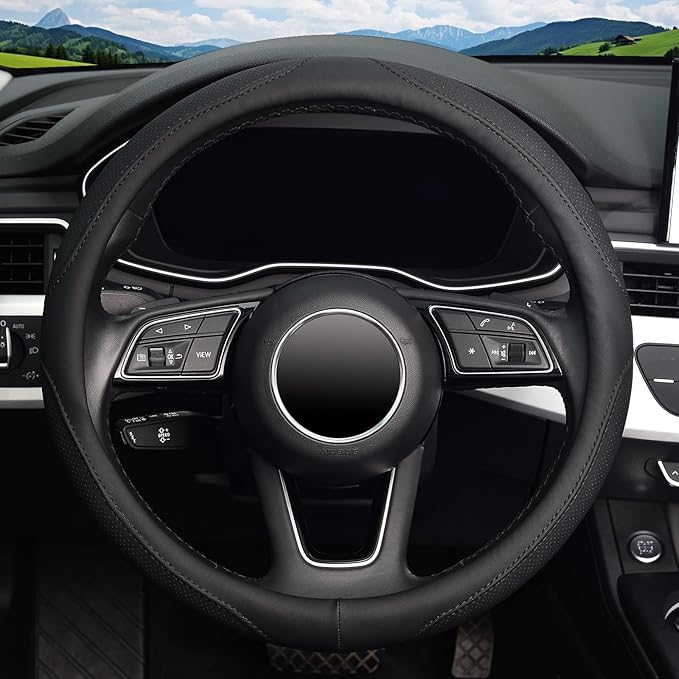 KAFEEK Black Steering Wheel Cover Men Women Universal 15 inch, Black Microfiber Leather, Odorless, Breathable, Durable Leather Cover with Anti-Slip Lining