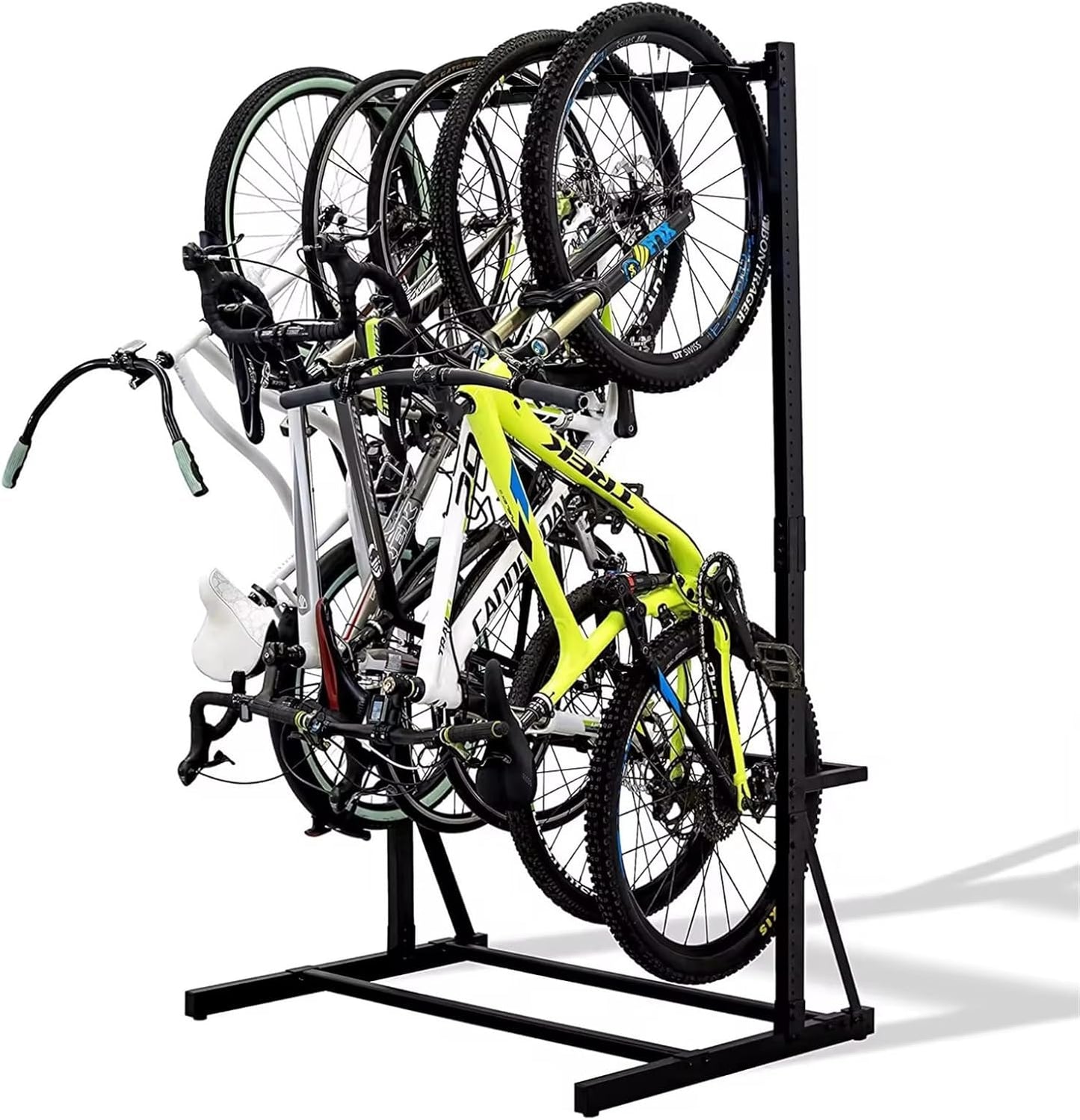 Upright Bike Stand, 5-Bike Stand Rack, Indoor Bike Storage Standing Bike - Garage Organizer - Freestanding Bicycle Rack with 5 Hanging Hook - Vertical & Horizontal Hangersfor Home