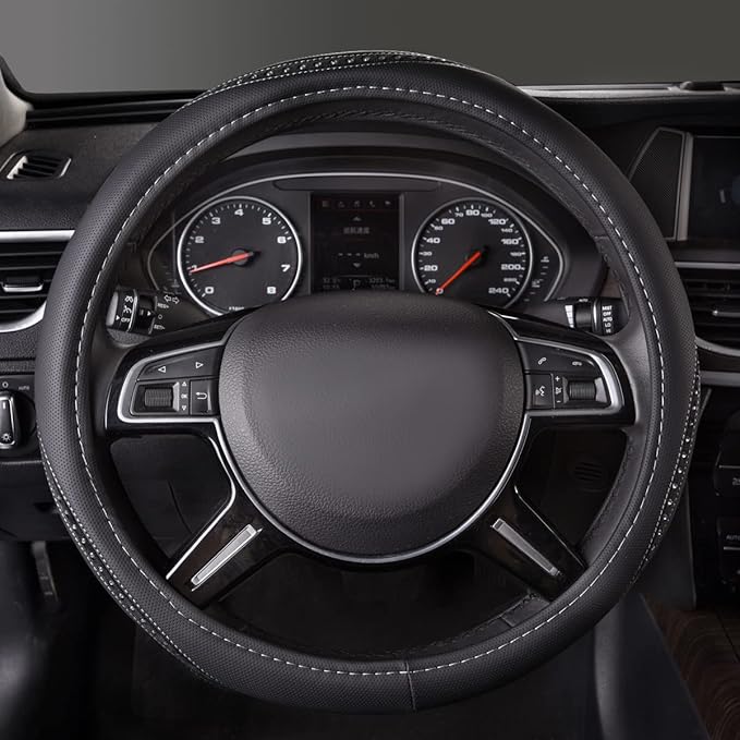 CAR PASS Bling Diamond Black Leather Steering Wheel Cover, Studded Crystal Rhinestones Universal Fit 14" 1/2-15" Glitter for Women Sparkle Girl Fit Suvs,Vans,Sedans,Car,Trucks, Silver Diamond