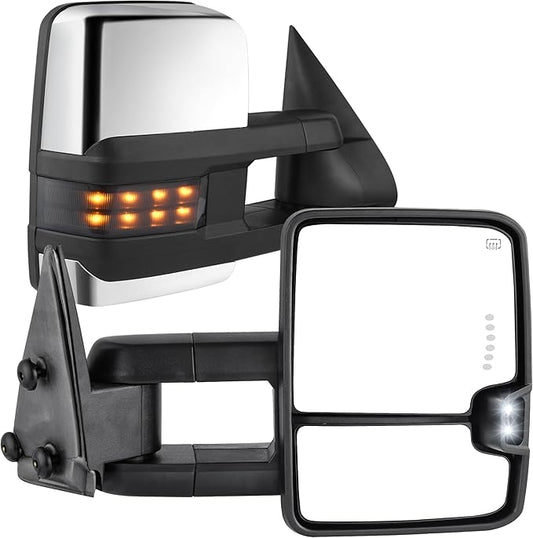 AUTOSAVER88 Towing Mirrors Compatible with 2003-2006 Silverado 1500 2500 3500 Tahoe Suburban Avalanche GMC Sierra Yukon Cadillac Escalade Power Heated LED Turn Signal Manual Telescoping Folding Chrome