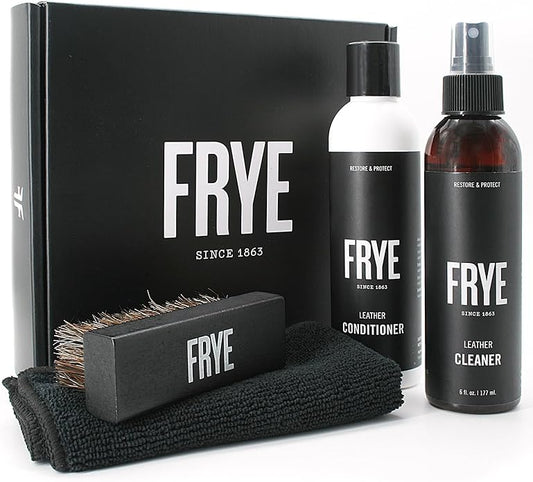 Frye Leather Care Kit – 4 Piece Set with U.S.-Made Leather Cleaner & Conditioner – Brush, Cloth, and Gift Box – Leather Shoe & Boot Cleaning Kit