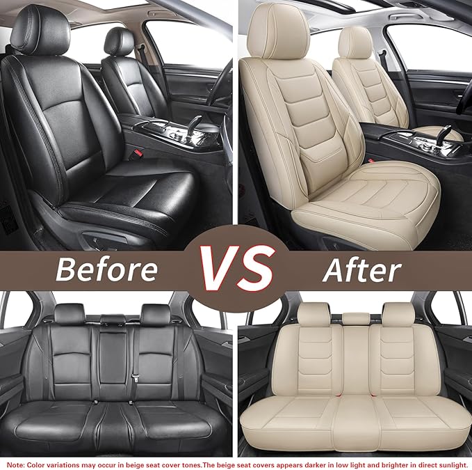 Leather Car Seat Covers Full Set Breathable Automotive Seat Covers Waterproof Seat Protectors Universal Fit for Most Automotive Cars SUV Trucks(Beige, Full Set)