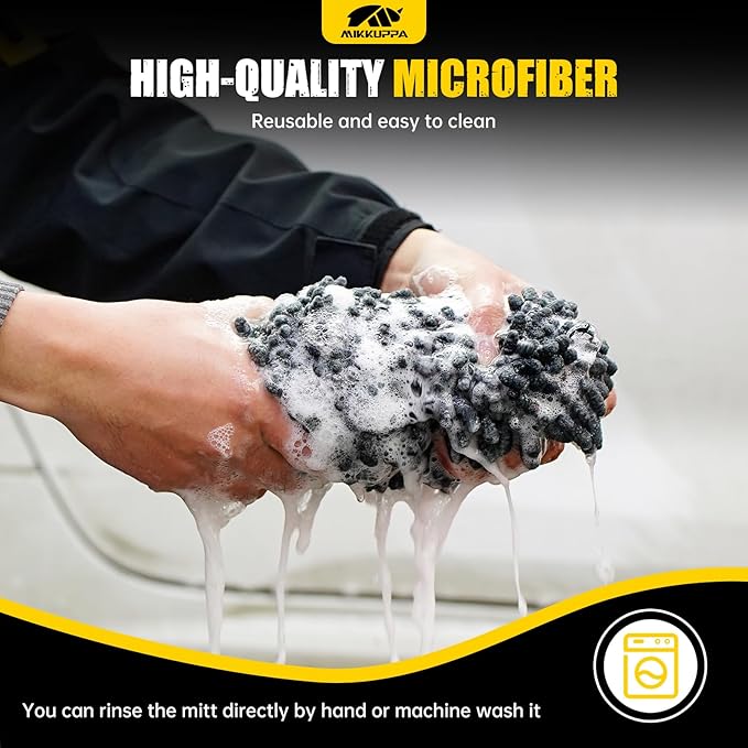 MIKKUPPA Car Wash Mitt Microfiber - Double-Sided Chenille Scratch Free Mitt with Waterproof Inner for Car Washing Home Cleaning (Yellow & Gray, 2Pack, 10'' x 7'')