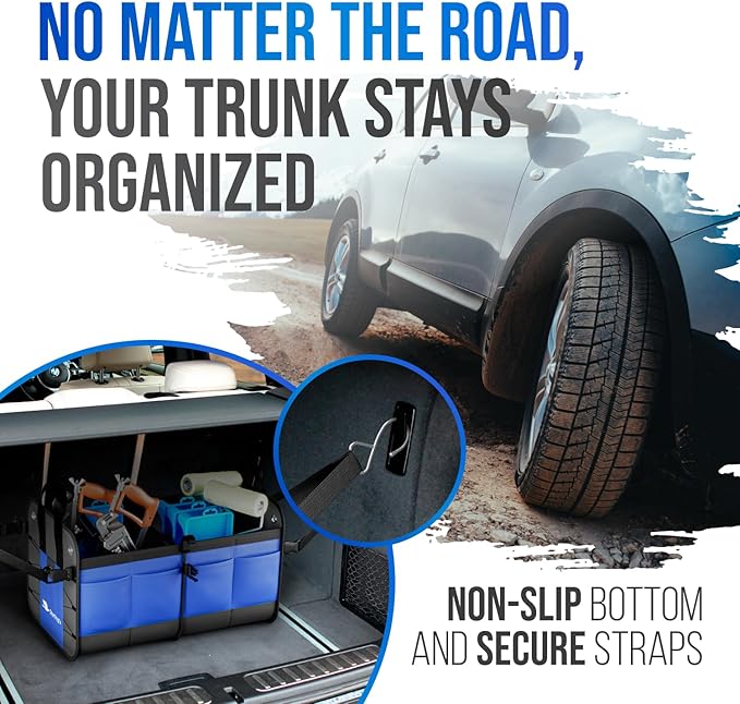 Car Trunk Organizer – Large Collapsible Storage Box with Adjustable Compartments – Heavy-Duty Cargo Organizer for SUV, Truck & Car – Non-Slip Waterproof Trunk Storage Bin for Groceries & Tools