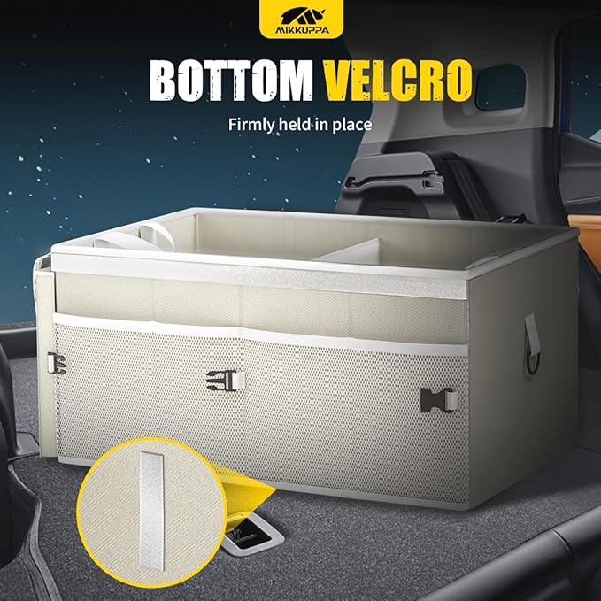 MIKKUPPA Car Trunk Organizer - 65L Collapsible Trunk Organizer with Lid, Sturdy Car Storage for SUV Auto Truck Van with Adjustable Straps and Non Slip Bottom (White)