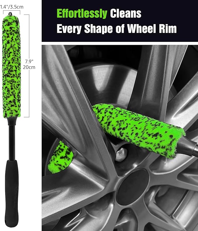 YeewayVeh Car Wheel Brush Kit, 3 Pack Scratch-Free Wheel Cleaner Brush and Detailing Brush, Wheel Car Cleaning Wash Brushes for Vehicle Motorcycle Rim Fenders Engine Exhaust Tips, Green&Black