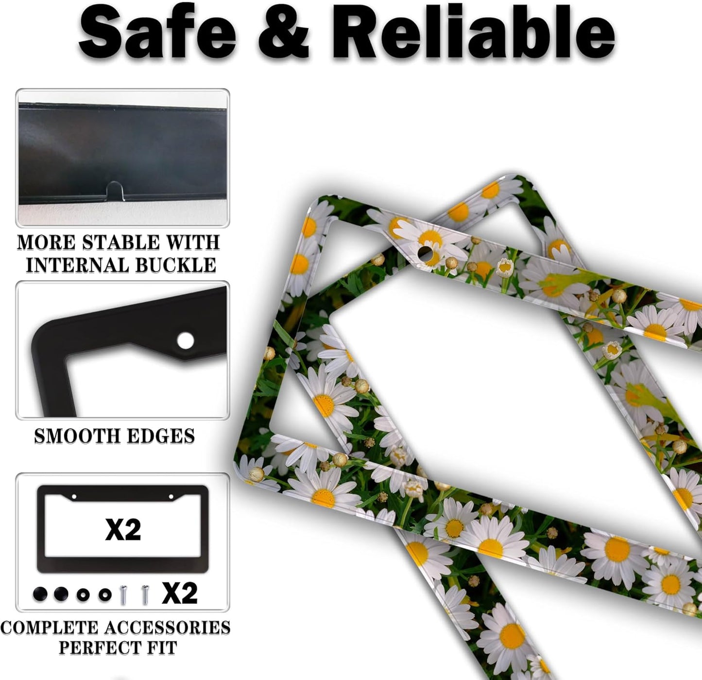 Fun License Plate Frame Cover Multicolor License Plate Frames Daisy Flower Universal Aluminum Car Accessory 2 Pack with Screw Covers Set