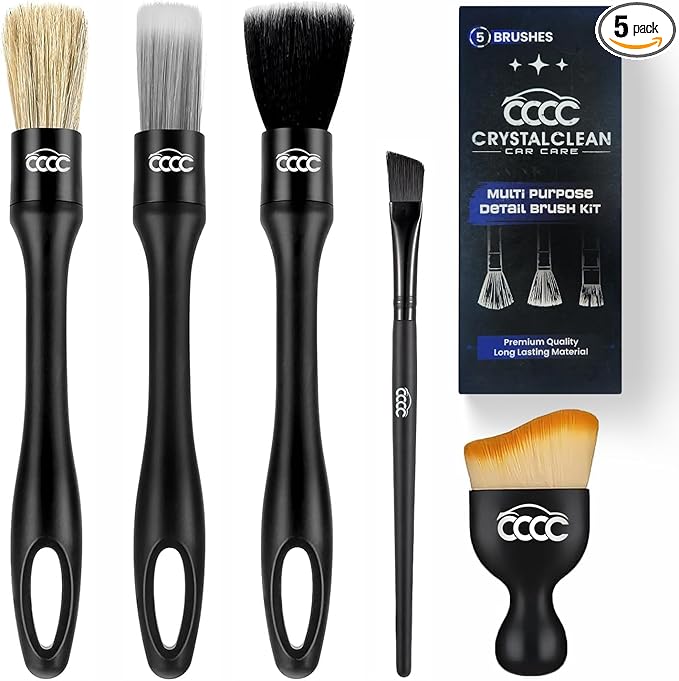 5 Pcs Car Detailing Brush Set – 2 Pcs Ultra-Soft for Delicate Leather, Screens & Trim, 2 Pcs Nylon for Wheels, Tires & Tough Dirt, 1 Pc Boar Hair for All-Purpose Interior & Exterior Detailing