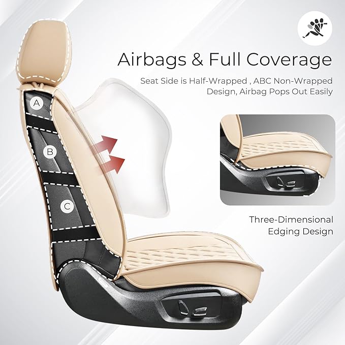 Huidasource Beige Car Seat Covers Front Seats, Front Seat Cover for Cars, Nappa Leather Automotive Car Seat Cushion Protector Universal Fit for Most Cars,Vans,Trucks, SUVs (Front Pair/Beige)