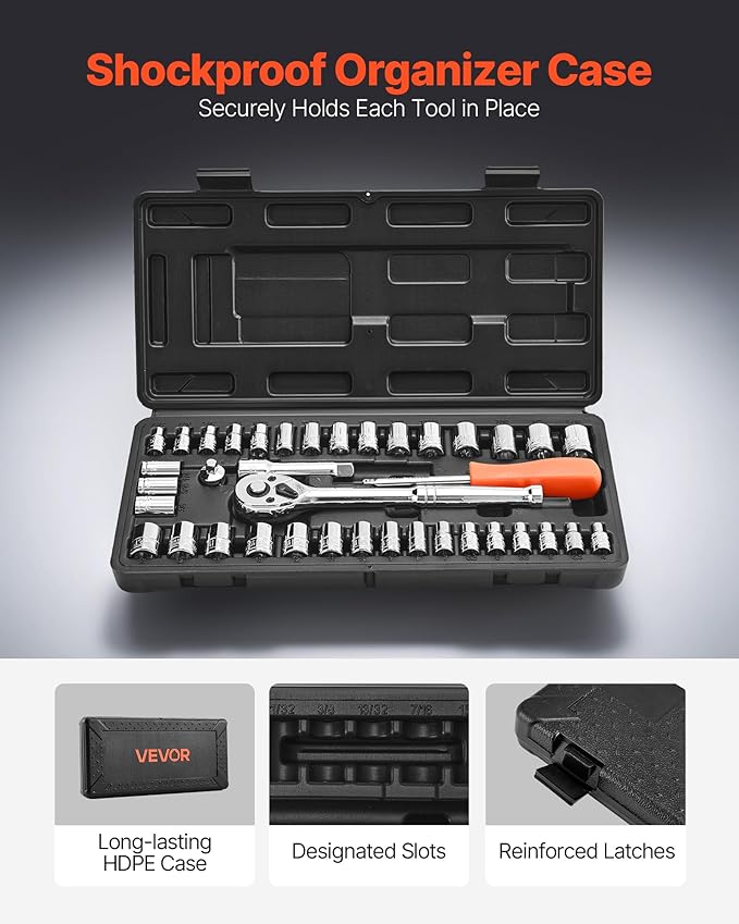 VEVOR Socket Set, 39 Pieces, 3/8 & 1/4 inch Drive Socket and Ratchet Set, SAE and Metric Size, Mechanic Tool Kit with Ratchet Wrench, Accessories, Storage Case, CR-V Alloy Steel, for Automotive Repair