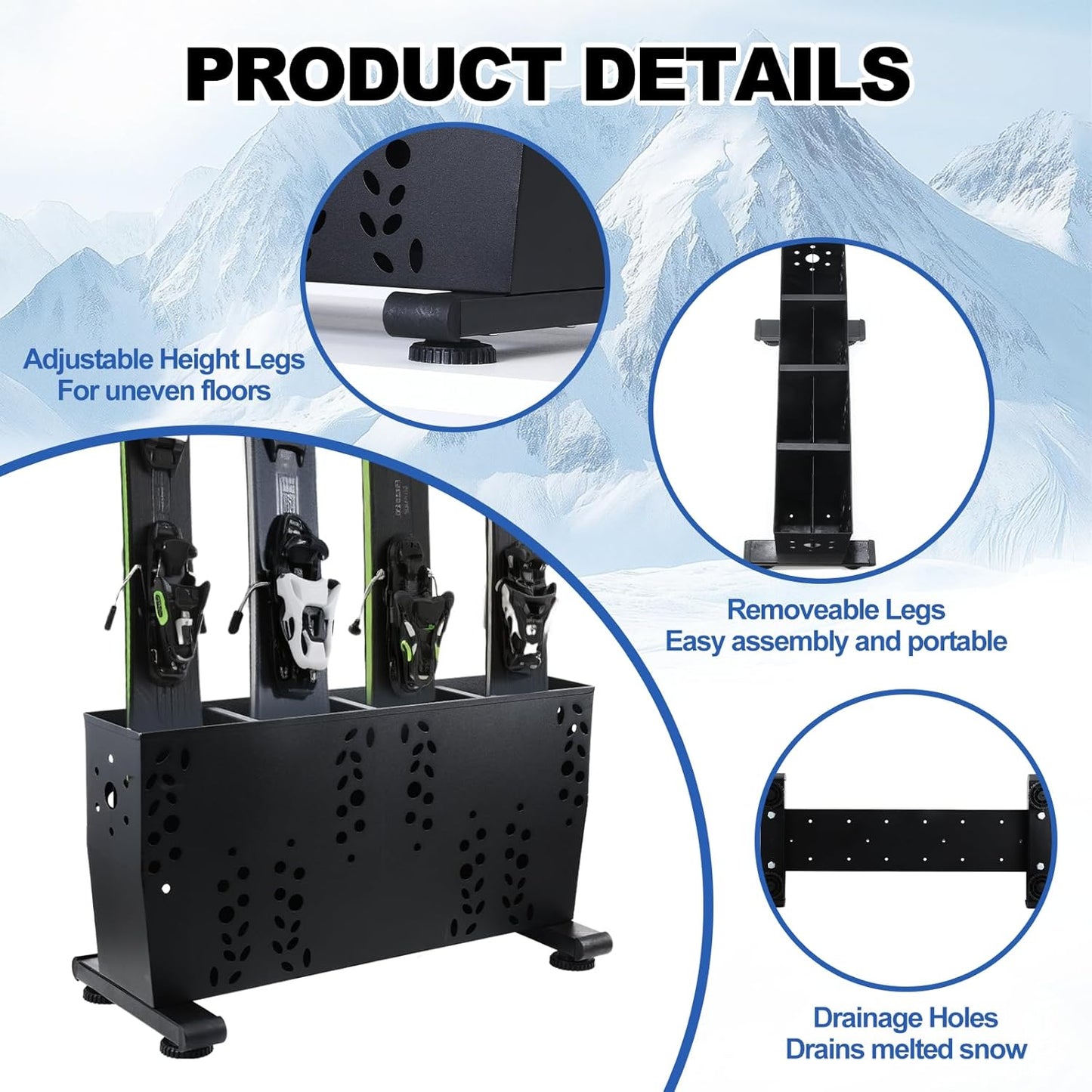 Freestanding Ski Storage Rack for 4 Pairs, Floor Stand Ski Organizer Rack, Heavy Duty Alloy Steel Ski Holders Ski Organizer, Freestanding Ski Organizer for Garage Basement