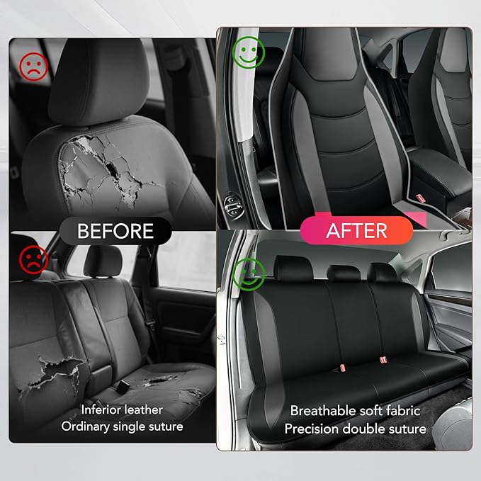 Road Comforts Car Seat Cover, Leather Seat Cover Full Set, Automotive Interior Seat Covers, Universal Fit for Most Cars, SUVs, Trucks, and Vans, Airbag Compatible (Black)