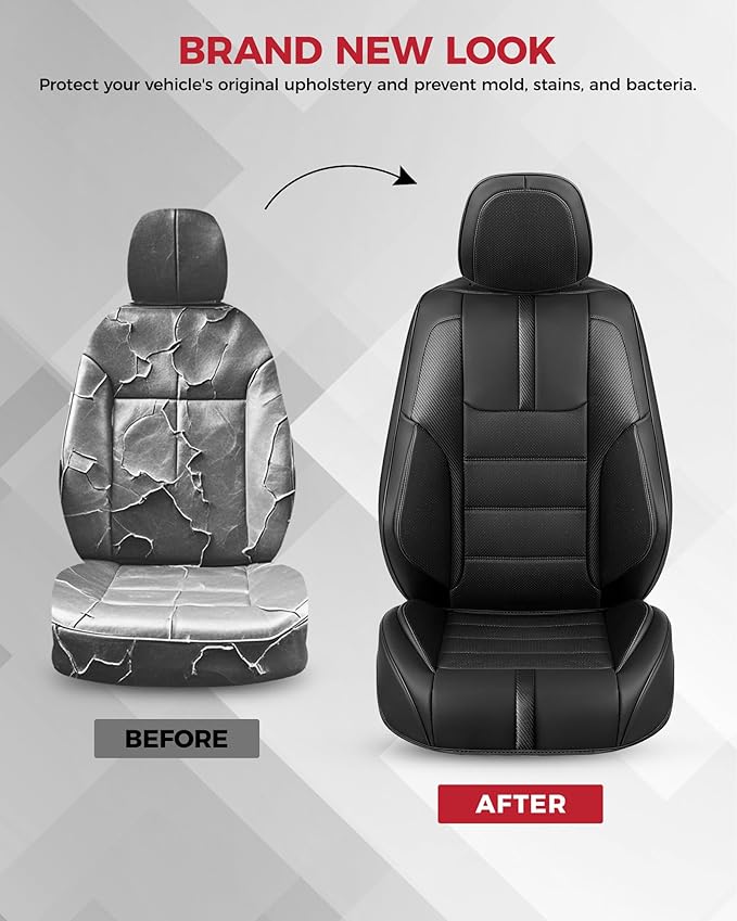 FREESOO Black Front Car Seat Covers - Faux Nappa Leather Seat Covers for Cars, with Carbon Fiber Texture Seatbelt Pads, Waterproof Cushion Protectors Fit for Most Vehicles Sedans SUV Trucks Corolla