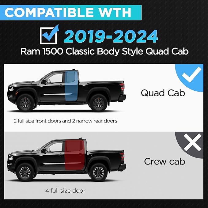PZ Running Boards Compatible with 2019-2024 Dodge Ram 1500 Classic Body Style Quad Cab/Extended Cab, Drop Side Steps Black Heavy Duty Carbon Steel Rails Nerf Bars