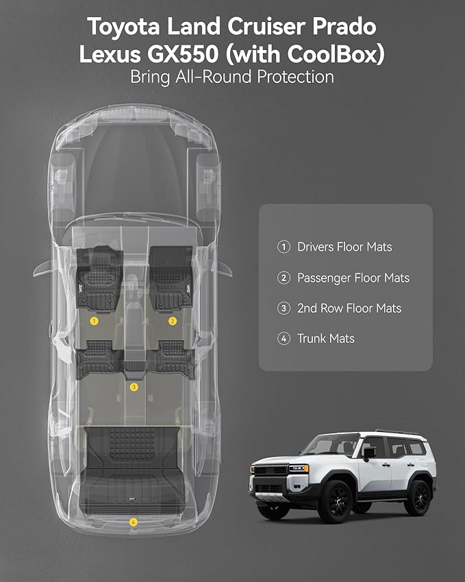 3W Floor Mats & Cargo Liner for 2024 2025 2026 Toyota Land Cruiser Prado & Lexus GX550 5 Seat (with CoolBox), TPE Custom Fit Floor Liner & Trunk Mats 1st &2nd Rows Car Mats & Cargo Mat