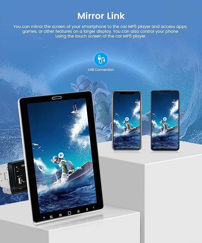 10.1 inch Single Din Car Stereo CarPlay Android Auto Mirror Link, Rimoody RotationalTouch Screen 1280x720 Car Radio with BT 5.2 FM/AM/RDS/EQ USB/AUX/TF/SWC/MIC Car Audio Receiver Backup Camera