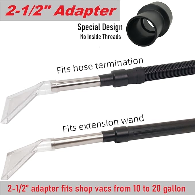 TunaMax Universal Work with All Shop Vacs Clear Extractor Attachment with 1-1/4" & 1-7/8" & 2-1/2" Adapters for Upholstery & Carpet Cleaning & Auto Detailing