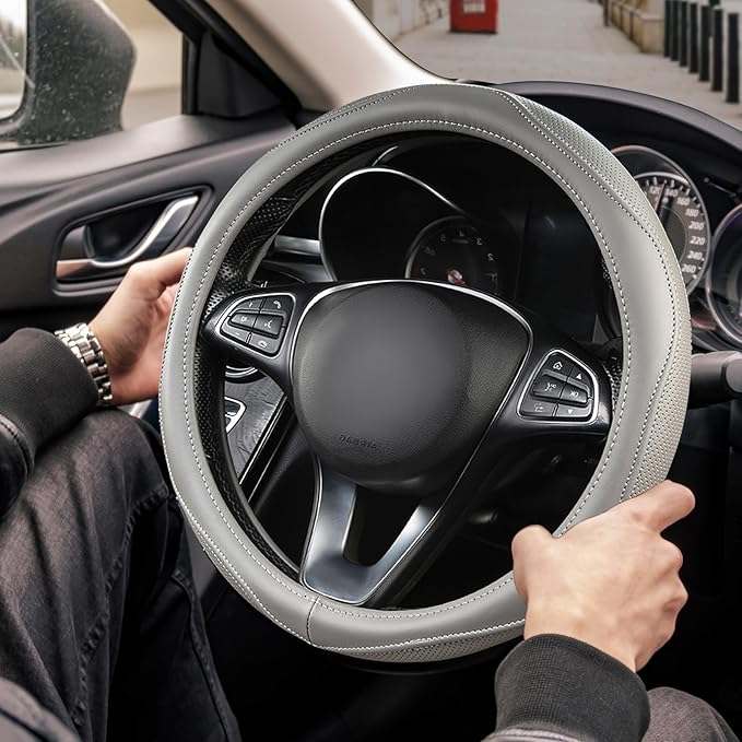 High-Grade Gray Genuine Leather Steering Wheel Cover for Men Women，Real Cowhide Leather Steering Wheel Cover for Cars,Universal 14.5-15 inch Steering Wheels