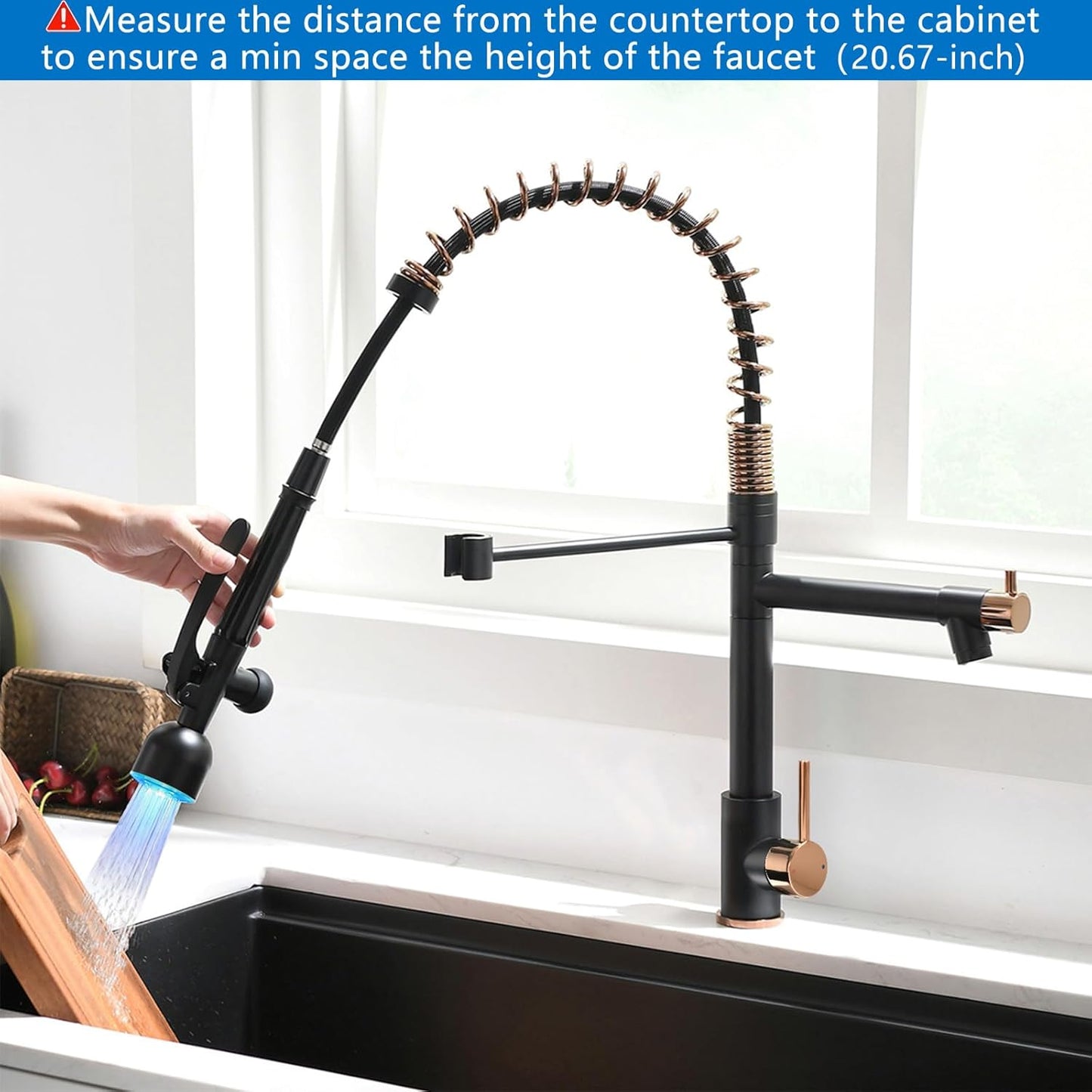 Fapully Commercial Single Handle Pull Down Sprayer Black&Rose Gold Kitchen Faucet,Kitchen Sink Faucet with LED Light