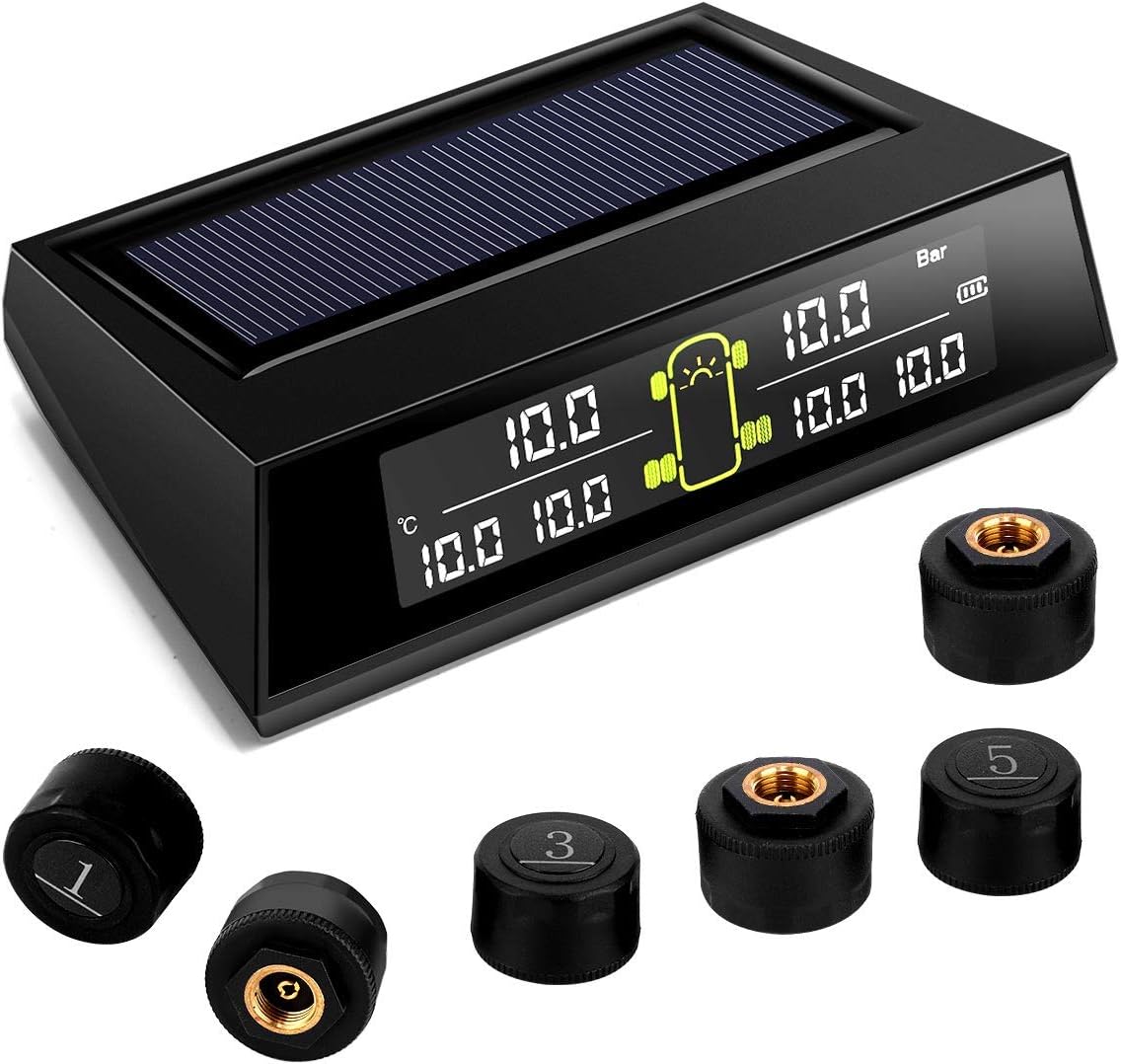 RV TPMS Tire Pressure Monitoring System, TS200 Solar Wireless TPMS with 6 Tire External Sensors Digital LCD Display RV Auto Security Alarm for Car RV Trailer Truck Tow Motorhome